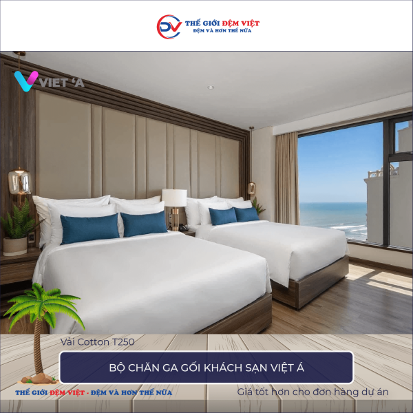 Bộ chăn ga gối khách sạn Việt Á vải Cotton T250 trắng trơn 9